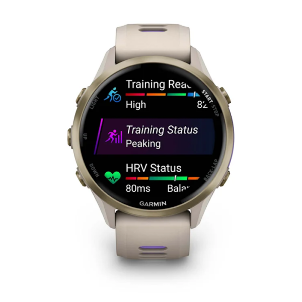 Смарт-годинник Garmin Forerunner 970 із золотистим титановим безелем, сірим корпусом та ремінцем кольору французький сірий/індиго