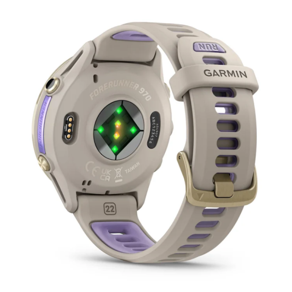 Смарт-годинник Garmin Forerunner 970 із золотистим титановим безелем, сірим корпусом та ремінцем кольору французький сірий/індиго