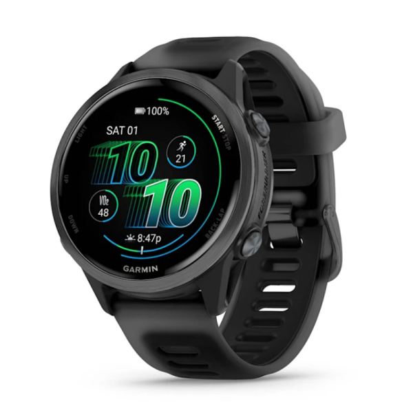 Смарт-годинник Garmin Forerunner 570 (42 мм), алюмінієвий безель сланцево-сірого кольору з чорним ремінцем.