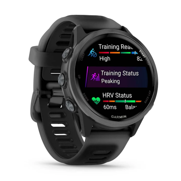 Смарт-годинник Garmin Forerunner 570 (42 мм), алюмінієвий безель сланцево-сірого кольору з чорним ремінцем.