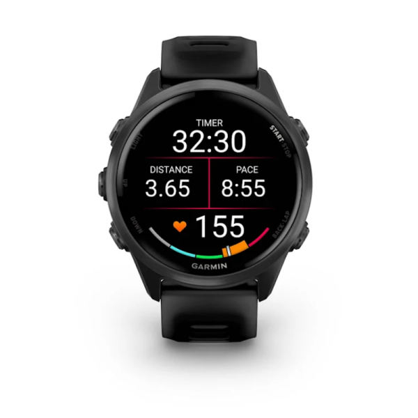 Смарт-годинник Garmin Forerunner 570 (42 мм), алюмінієвий безель сланцево-сірого кольору з чорним ремінцем.