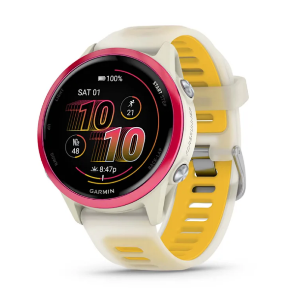 Смарт-часы Garmin Forerunner 570 (42 мм), малиновый алюминиевый безель с ремешком цвета слоновой кости/манго