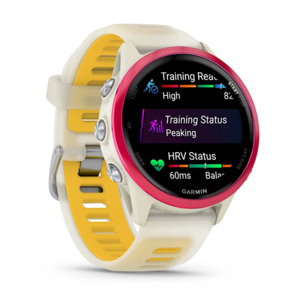 Смарт-часы Garmin Forerunner 570 (42 мм), малиновый алюминиевый безель с ремешком цвета слоновой кости/манго