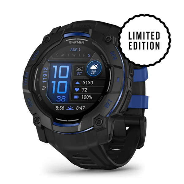Garmin Instinct 3 (50mm) AMOLED Smartwatch, Black with Black and Blue Strap
