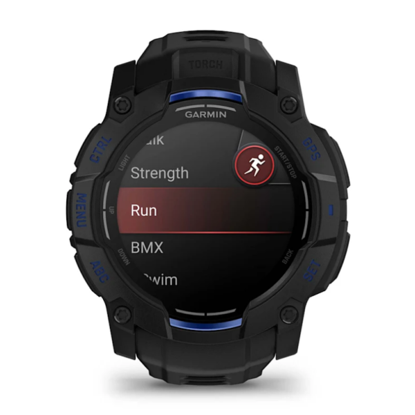 Garmin Instinct 3 (50mm) AMOLED Smartwatch, Black with Black and Blue Strap