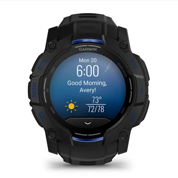 Garmin Instinct 3 (50mm) AMOLED Smartwatch, Black with Black and Blue Strap