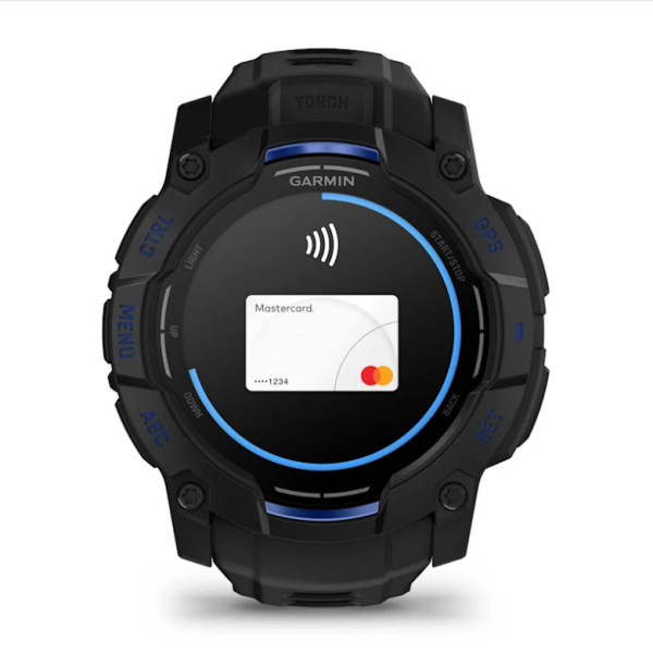 Garmin Instinct 3 (50mm) AMOLED Smartwatch, Black with Black and Blue Strap