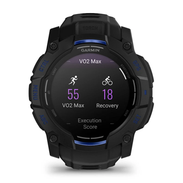 Garmin Instinct 3 (50mm) AMOLED Smartwatch, Black with Black and Blue Strap