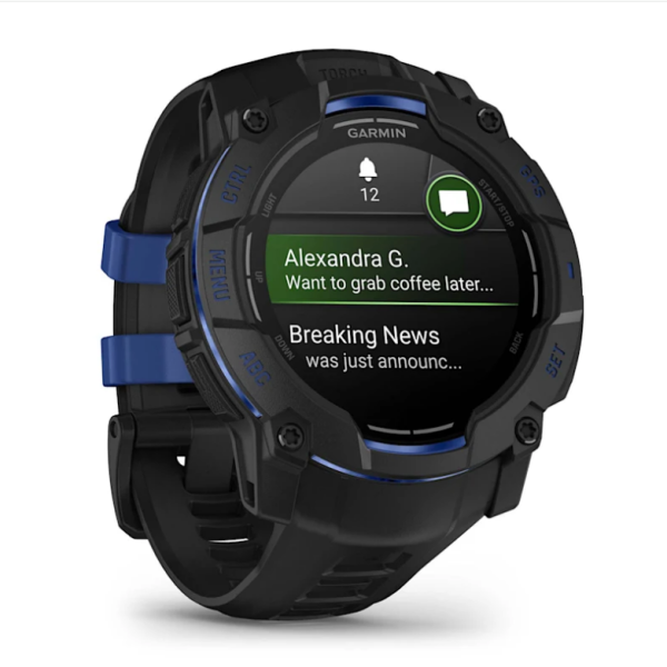 Garmin Instinct 3 (50mm) AMOLED Smartwatch, Black with Black and Blue Strap