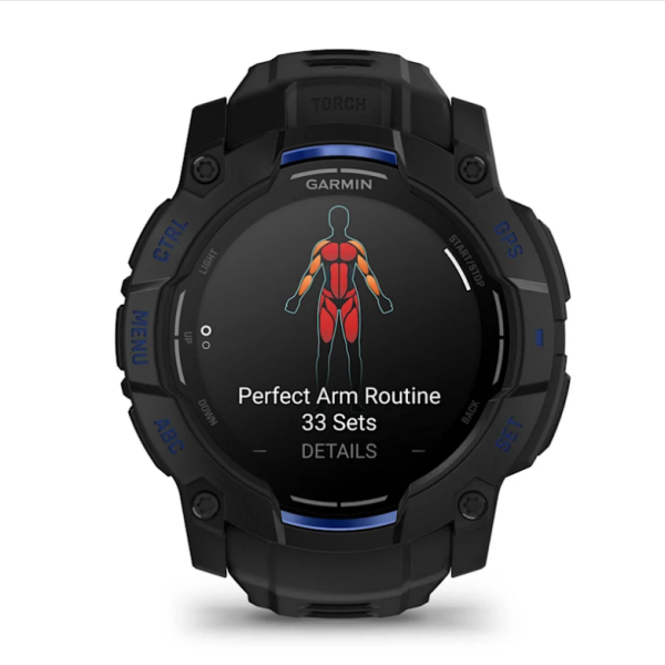 Garmin Instinct 3 (50mm) AMOLED Smartwatch, Black with Black and Blue Strap
