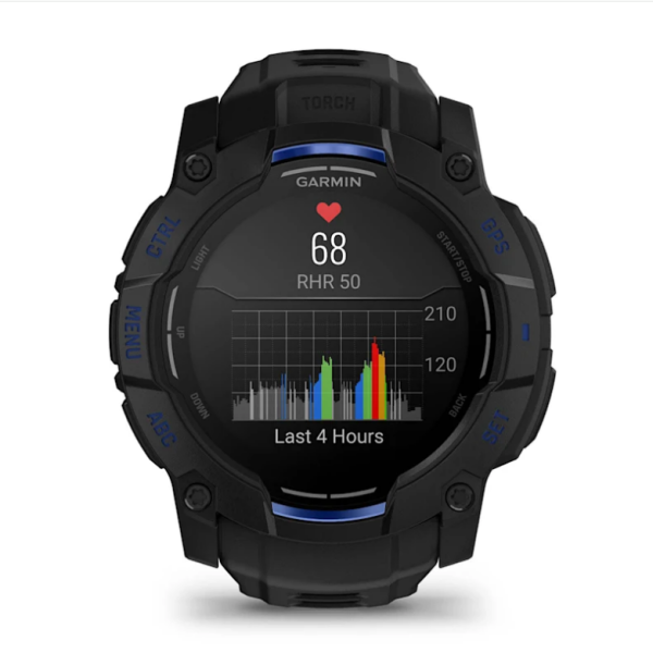 Garmin Instinct 3 (50mm) AMOLED Smartwatch, Black with Black and Blue Strap