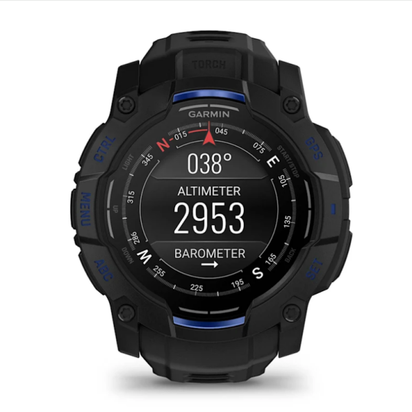 Garmin Instinct 3 (50mm) AMOLED Smartwatch, Black with Black and Blue Strap