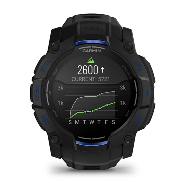 Garmin Instinct 3 (50mm) AMOLED Smartwatch, Black with Black and Blue Strap