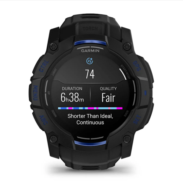 Garmin Instinct 3 (50mm) AMOLED Smartwatch, Black with Black and Blue Strap