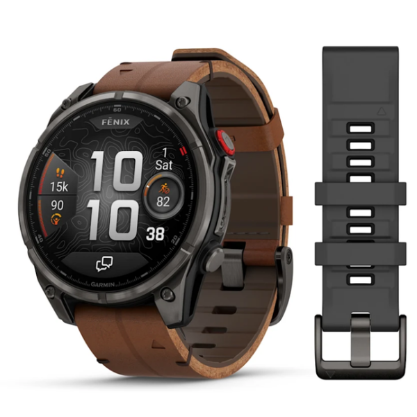 Смарт-годинник Garmin Fenix ​​8 Pro (47 mm) AMOLED Sapphire, титан Carbon Gray DLC із каштановим шкіряним ремінцем