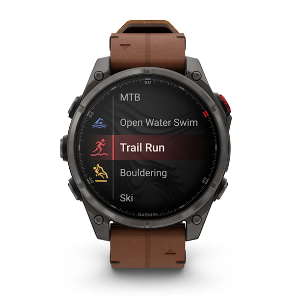 Смарт-годинник Garmin Fenix ​​8 Pro (47 mm) AMOLED Sapphire, титан Carbon Gray DLC із каштановим шкіряним ремінцем