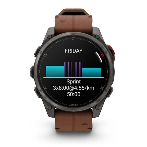 Смарт-годинник Garmin Fenix ​​8 Pro (47 mm) AMOLED Sapphire, титан Carbon Gray DLC із каштановим шкіряним ремінцем