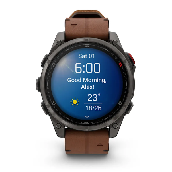 Смарт-годинник Garmin Fenix ​​8 Pro (47 mm) AMOLED Sapphire, титан Carbon Gray DLC із каштановим шкіряним ремінцем