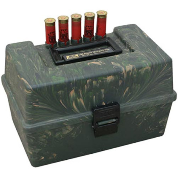 MTM Shotshell Case for 100 rounds of 20/76 caliber ammunition. Color: Camo
