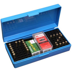 Коробка MTM SB-200 на 250 набоїв кал. 22 LR; на 200 прим. кал. 22 WMR та на 150 шт. кал. 17 HMR. Колір – блакитний.