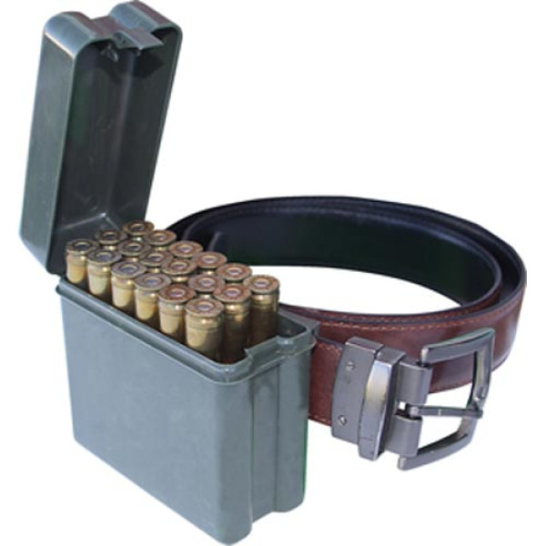 MTM RL-20 20-round box containing 6.5x284 Norma, 7mm Rem Mag, 300 Win Mag, 300 Wby Mag, and 338 Win Mag rounds. Camouflage color.