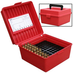 MTM R-100-MAG box for 100 rounds of caliber: 300 Win Mag; 300 WSM; 338 Win Mag; 444 Marlin; 9.3x62. Color: red.