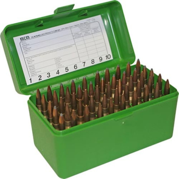 MTM RS-50 box for 50 rounds of 222 Rem and 223 Rem caliber. Color – green.