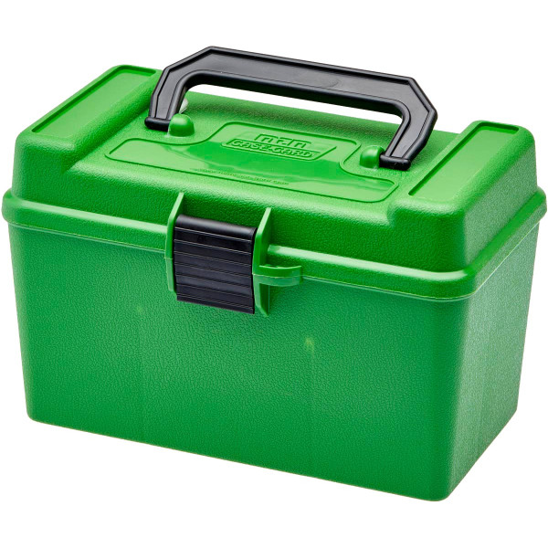 Коробка MTM H50-R-MAG на 50 набоїв кал. 7mm Rem Mag; 30-30 Win; 300 Win Mag; 300 Wby Mag; 8x68 S; 338 Win Mag; 375 H&H Mag; 416 Rem Mag та 444 Marlin. Колір – зелений.