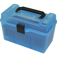 MTM H50-XL 50-round box of 300 WSM, 300 RUM, 338 Lapua Mag, and 9.3x62 calibers. Blue.