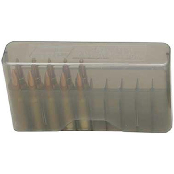 Коробка MTM J-20-M на 20 набоїв кал. 219 Zipper; .22 BR; .224 Valkyrie; 6 мм BR Norma; 6,5 x55; 7,62 x39; 30-30 Win; 308 Win; 410/76. Колір – димчастий.