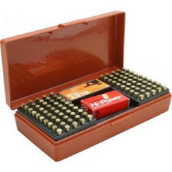 MTM SB-200 box for 250 rounds of 22 LR; 200 rounds of 22 WMR and 150 rounds of 17 HMR. Color: red.