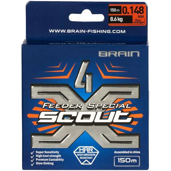 Шнур Brain Scout 4X 150m (fluoro Orange) 0.148mm 8.6kg