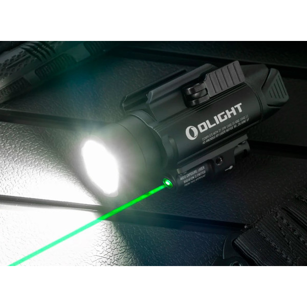 Olight Baldr Pro Black Flashlight with Laser Designator. Green Laser Designator.
