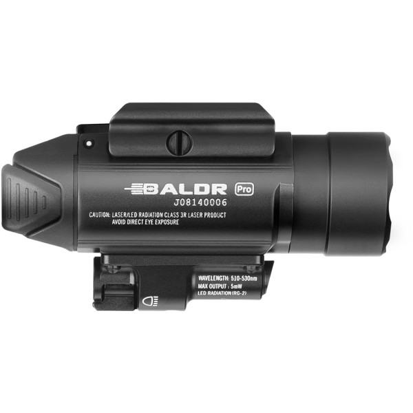 Olight Baldr Pro Black Flashlight with Laser Designator. Green Laser Designator.