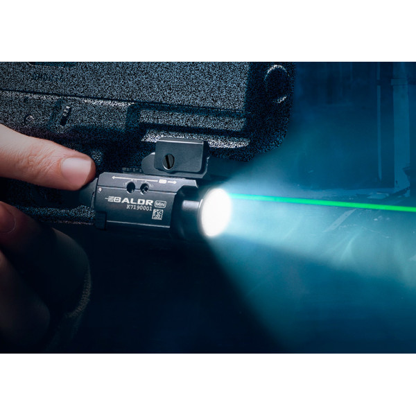 Olight Baldr Mini Black Flashlight with Laser Designator. Green Laser Designator.