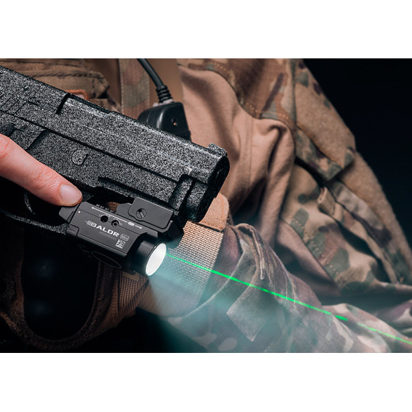Olight Baldr Mini Black Flashlight with Laser Designator. Green Laser Designator.