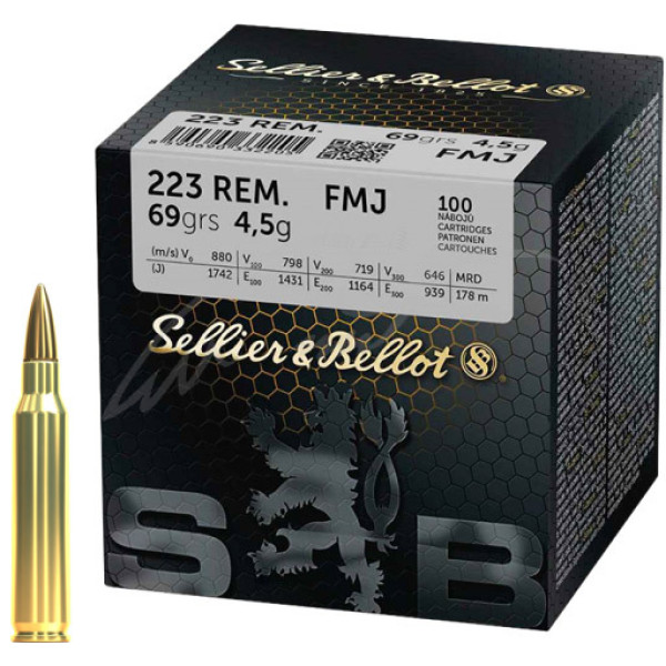 Sellier & Bellot cartridge, cal. 223 Rem, FMJ bullet, weight 4.5 grams/69 grains. Muzzle velocity 880 m/s