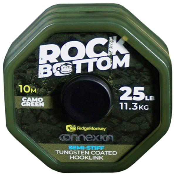 RidgeMonkey Rock Bottom Tungsten Coated Semi Stiff Leader, 10m, 25lb/11.3kg, Camo Green