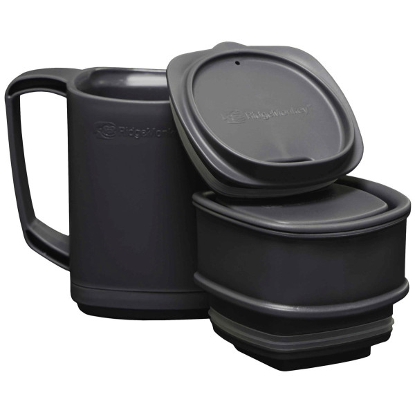 RidgeMonkey ThermoMug DLX Brew Set Gray with a set of containers